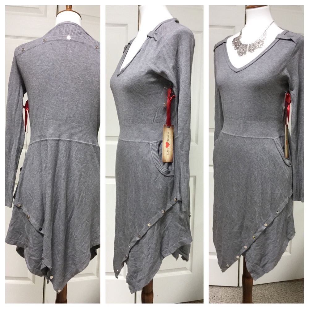 GRAY LOVE TOKEN SWEATER DRESS W POCKETS